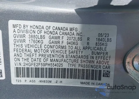 2023 Honda Civic Sport из США, поврежденный, VIN 2HGFE2F59PH554025